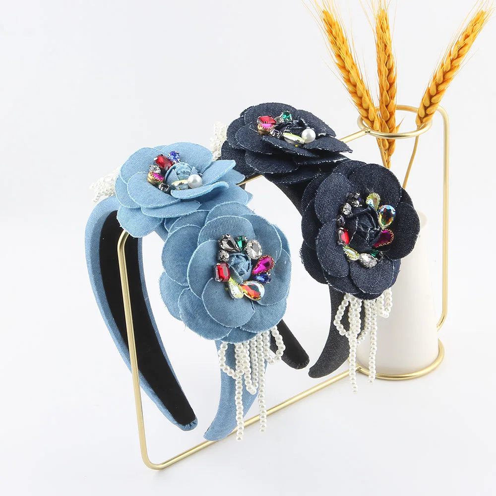 Обруч для волос из джинсовой ткани с трехмерным цветком и жемчугом