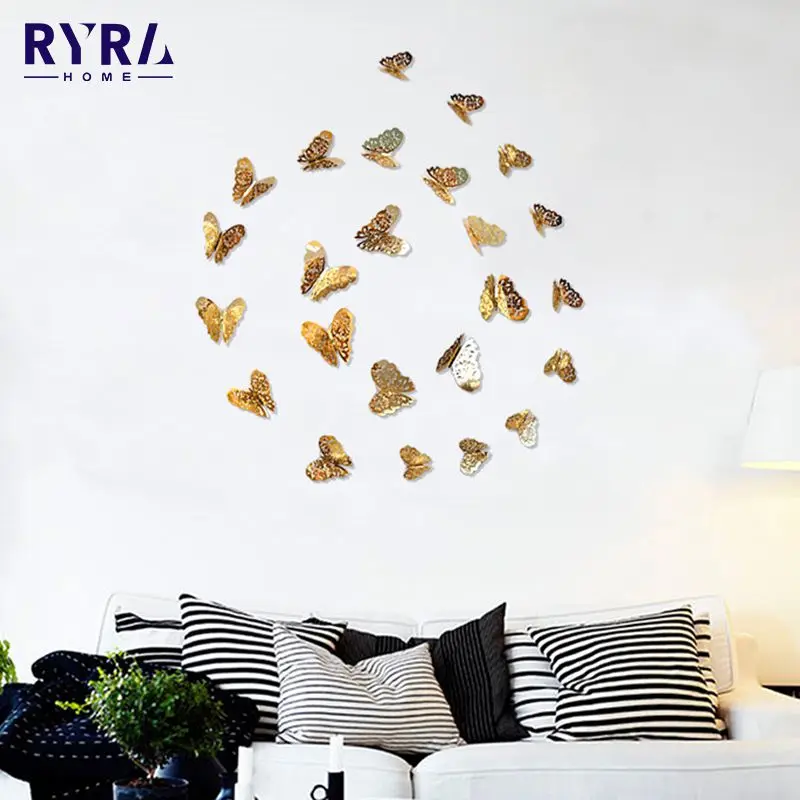 

3D Hollow Butterfly Wall Sticker Gold Silver Rose DIY Wall Stickers Wedding Decoration Butterflies Decal Stickers 12Pcs For Home