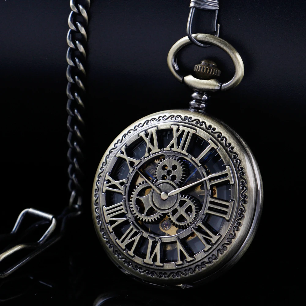 Antique bronze gear hollow mechanical manual pocket watch blue Roman digital skull dial pendant automatic antique clock
