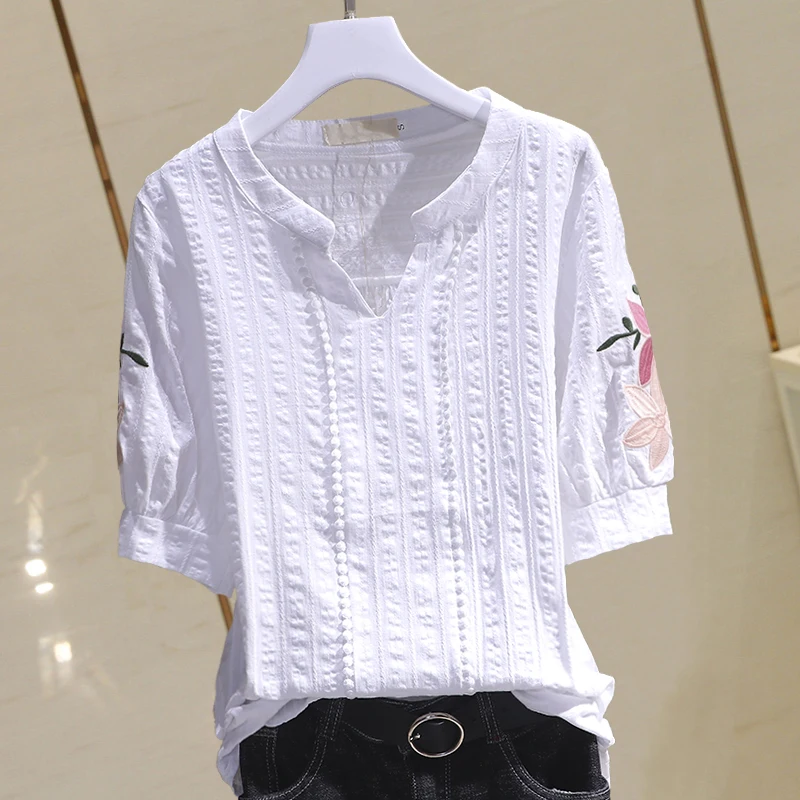 

Cotton Embroidery White Women Blouse Summer Sweet Style V-Neck Slim Elegant Female Clothing Top Quality