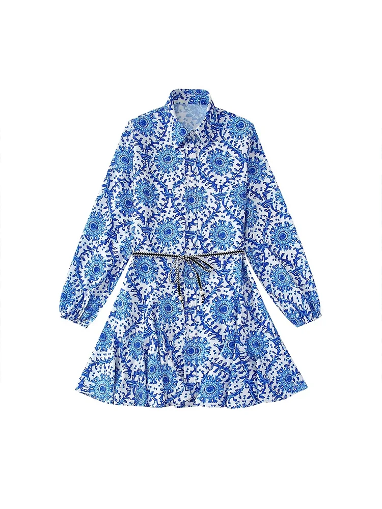 

TRAF Dress Elegant Chic Print Ladies Dress Fashion Women 2022 Belt Vintage Mini Dress Long Sleeve Casual Dresses