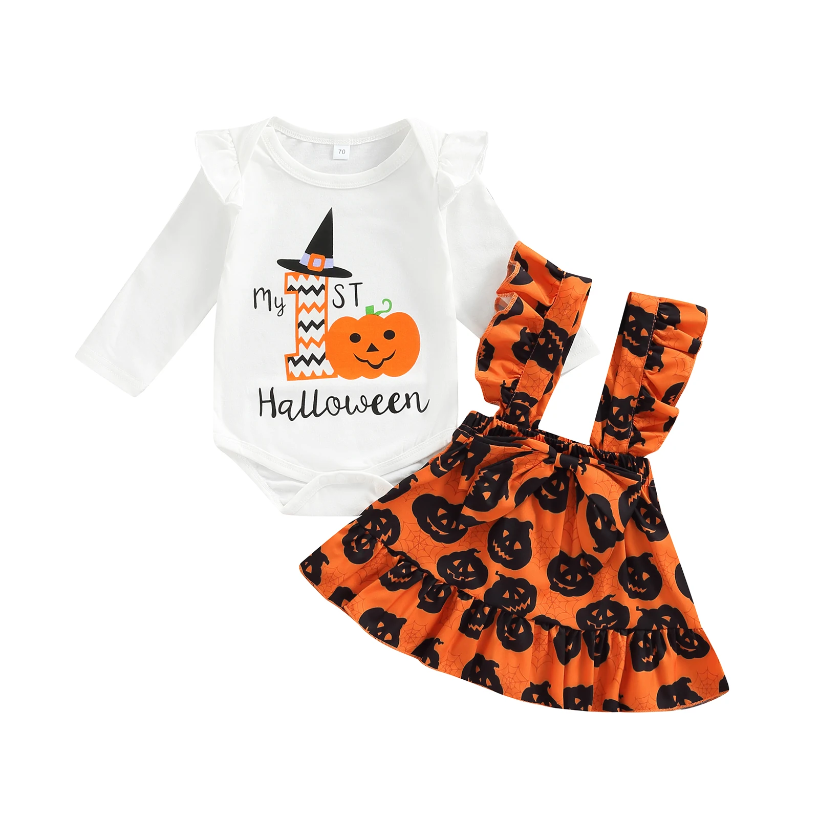 

2022-07-02 Lioraitiin 0-24M Baby Girls 2Pcs Halloween Clothes Long Sleeve Letter Pumpkin Romper Pumpkin Ruffle Suspender Skirt