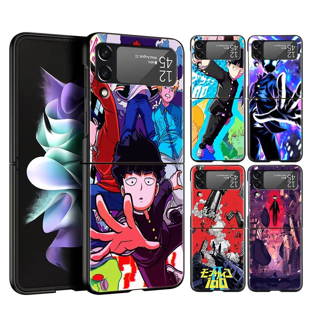 

For Samsung Galaxy Z Flip 3 4 5G Hard Black Folding PC Phone Case Anime Mob Psycho 100 3 For Samsung Z Flip3 Cover Protect Shell