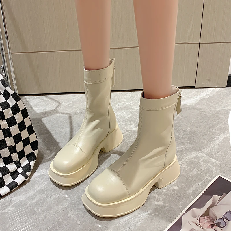 

Женские кожаные ботинки на квадратном каблуке, повседневные туфли-лодочки с круглым носком, на молнии, осень 2022