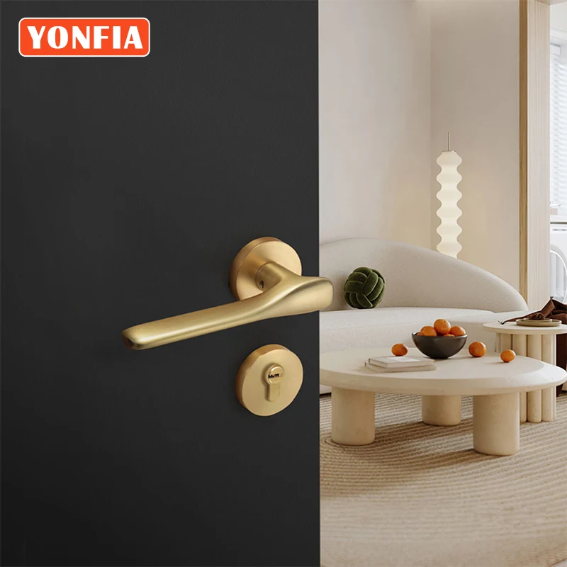 

YONFIA A8077R01 Quality Brushed Brass Gold Aluminium Interior Door Handles Home Mortise Lever Door Lock Set For Toilet Bedroom