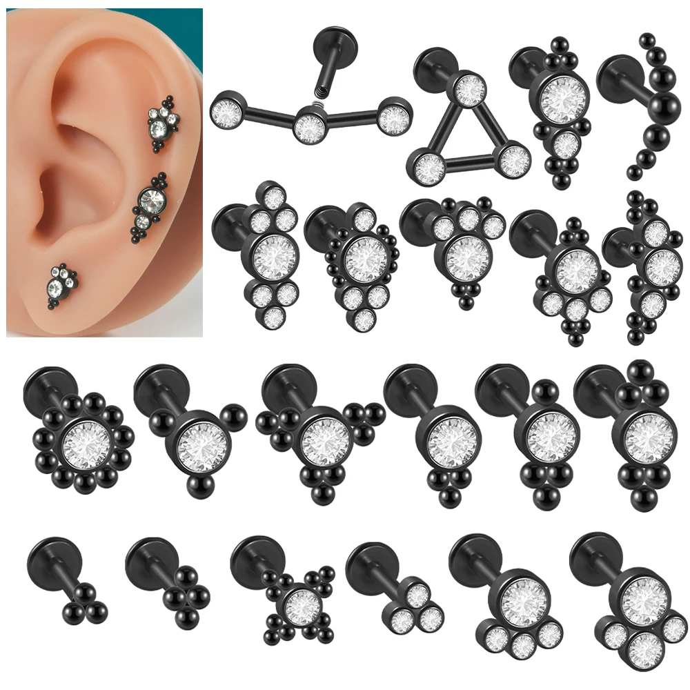 

1PC Surgical Steel Black Plated Cz Labret Lip Ring Crystal Cluster Ear Cartilage Tragus Helix Daith Body Piercing Jewelry 16G