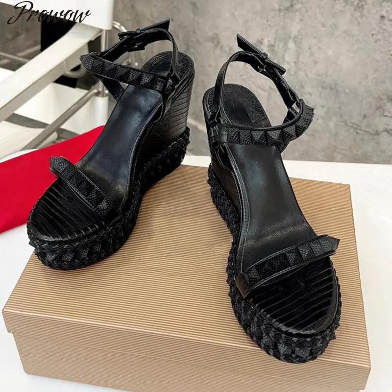 

Prowow Summer Fashion Designer Women Black Open Toe Rivet Waterproof Platform High Heeled Shoes Ankle Strap Wedges Sandal