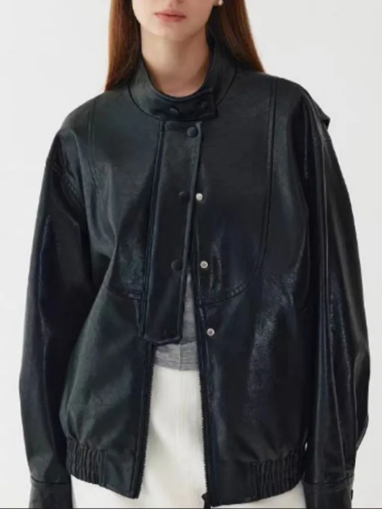 Freeacy 2024 новые женские крутые пальто из искусственной кожи с воротником-стойкой и