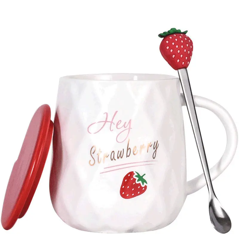 

Ins Korean Cute Strawberry Ceramic Mug Personalized Creative Trend Coffee Cup Cartoon Mug with Lid Spoon