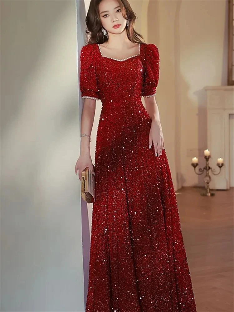 

Wine Red Dress Spring Summer Solid Color Nailed Beaded Sequin Square Collar Short Sleeve Long A-line Skirt Women's Clothing A038