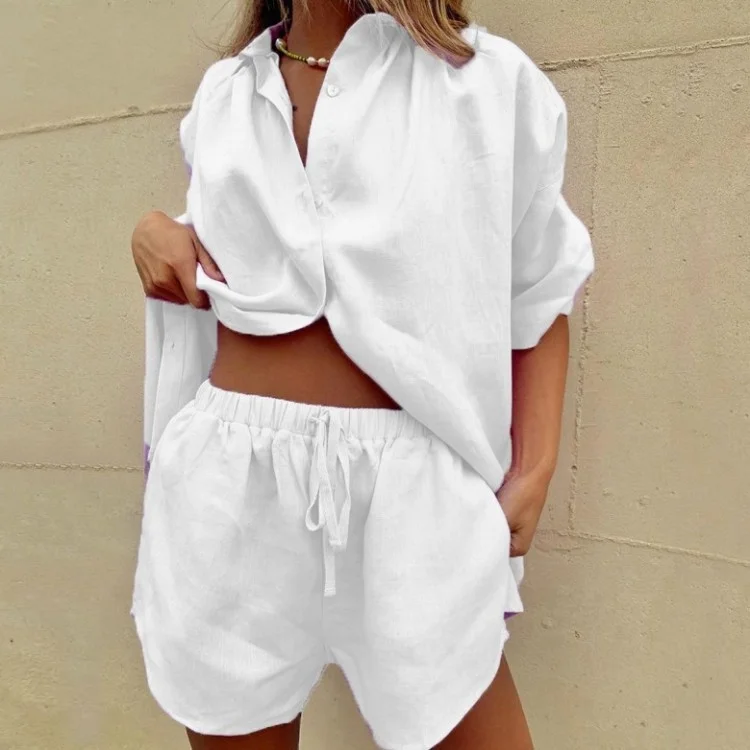 

Summer New Single Breasted Lapel Short Sleeve Shirt Women's Two Piece Set Girl's Wide Leg Pants Lace Up Shorts