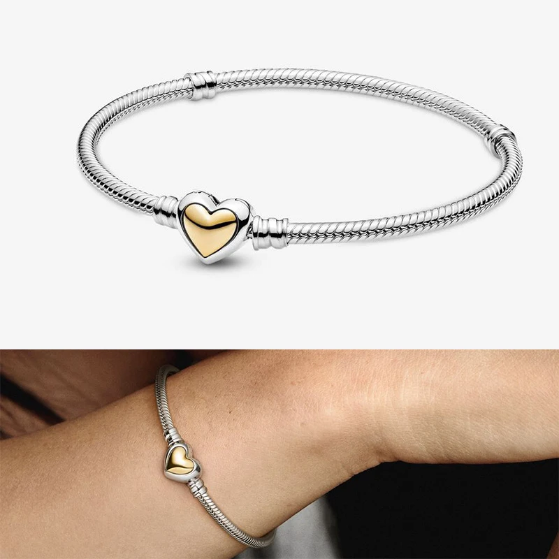 

Original 925 Sterling Silver New Gold Domed Peach Heart Pan Bracelet Suitable For Women's Gift Wedding Diy Jewelry