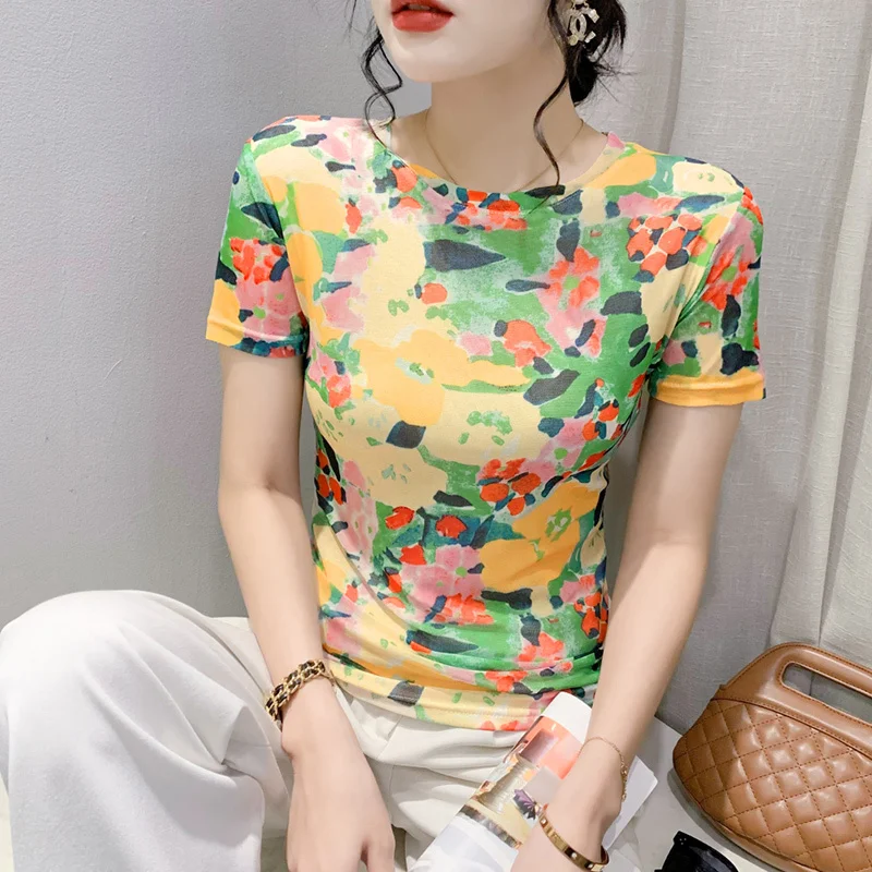 

#6436 Graffiti Printed Mesh T Shirt Women Short Sleeve O-neck Office Tshirt Sexy Tight Tee Korean Fashion Streetwear Tshirt Thin
