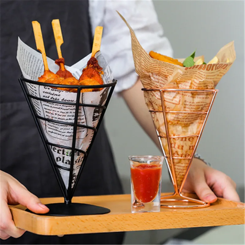 Stainless Steel French Fries Fish And Chips And Appetizers Stand Cone Basket Fry Holder With Sauce Cup Kitchen Party Supplies