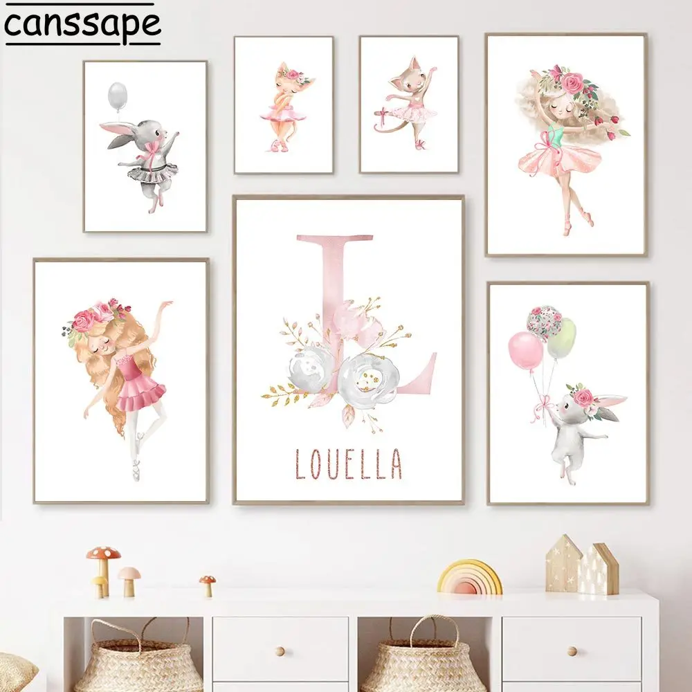 Настенные плакаты с кроликом-Кроликом, постер с именем на заказ, Картина на холсте с изображением балерины и цветов, скандинавский стиль, ис...