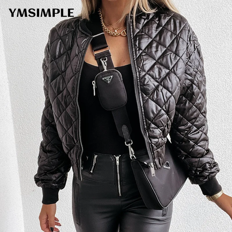 

Women's Winter Jacket Argyle Pattern Short Parkas 2022 Female Warm Outerwear Stand Collar Zip Down Jacket Quilted Coats Black