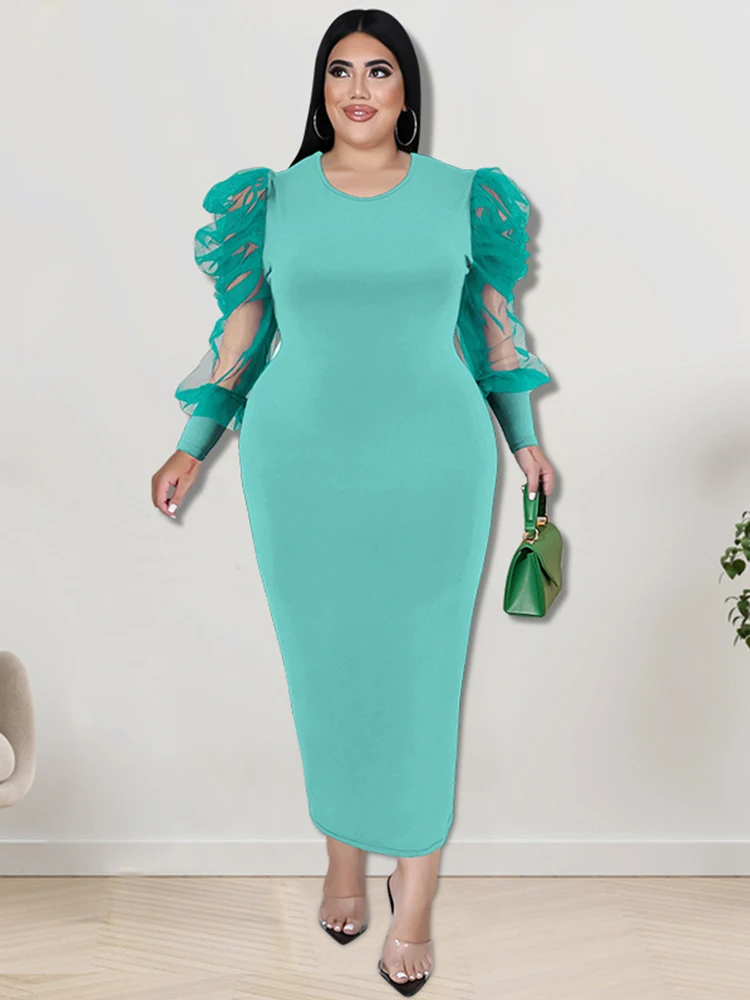 Dresses In Offers with Free Shipping Mesh Sleeves Elegant Women Dresses Party Plus Size Plain Midi Dress Wholesale Dropshipping