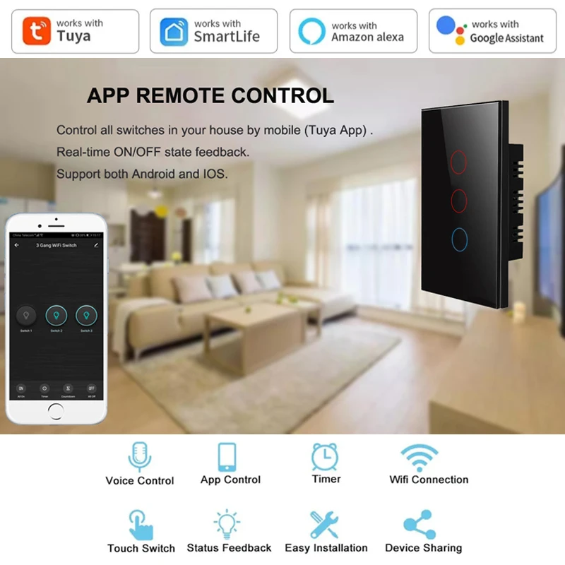 Фото Металлический каркас, закаленное стекло, сенсорная панель Zigbee, умный выключатель стандарта Австралии, США, одобрено SAA, мобильный управляемый умный выключатель №3