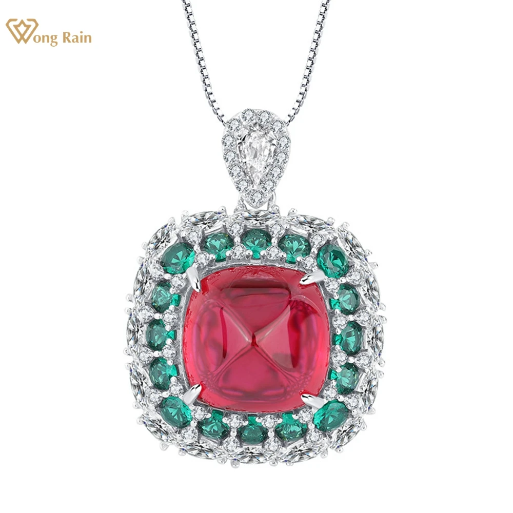 

Wong Rain Vintage 100% 925 Sterling Silver 14MM Sugar-loaf Cut Ruby Sapphire Gemstone Necklace Pendant Fine Jewelry For Women