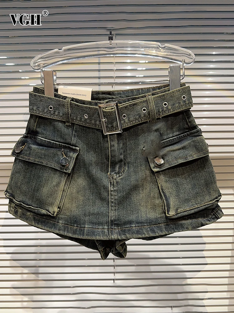 

Женские джинсовые шорты VGH, однотонные Лоскутные шорты с поясом, юбки с высокой талией и подкладкой, минималистичные шорты с карманами, модная одежда