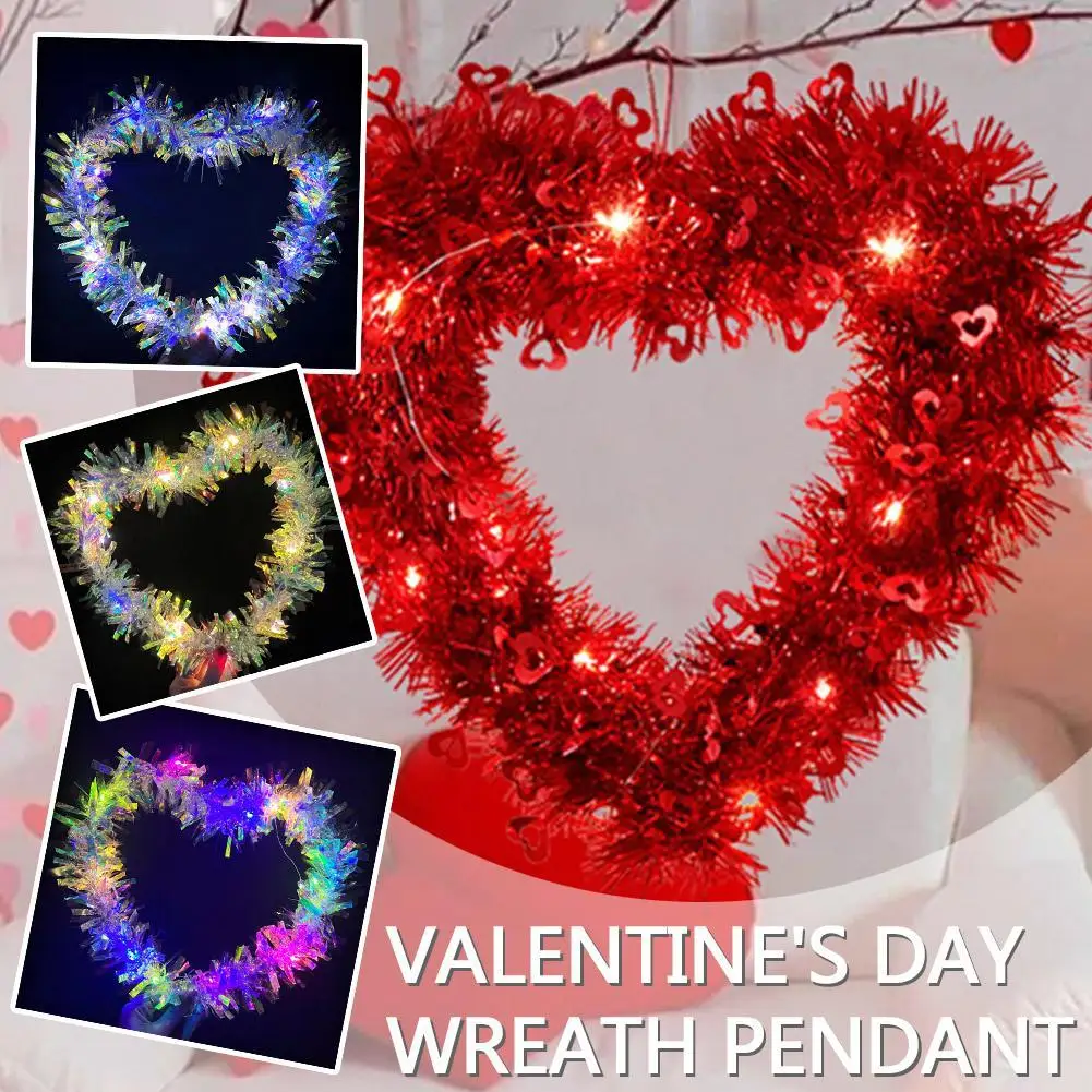 

30cm Red Love Heart Wreath With LED Light String Valentine's’ Day Garland Door Wall Hanging Pendant Mr&Mrs Love Wedding Supplies
