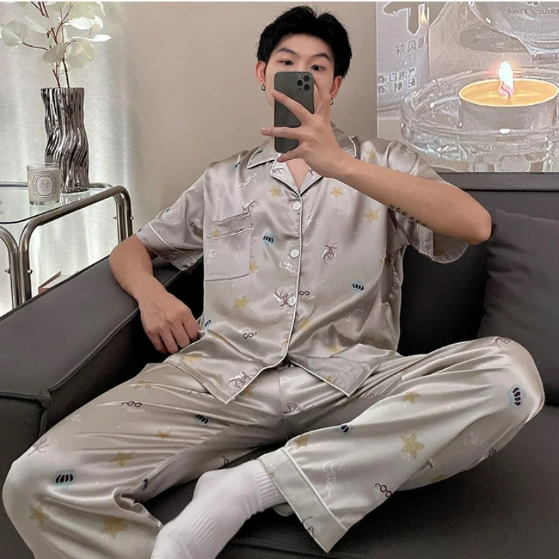 Summer new men's short sleeve long pants pajama set cardigan lapel imitation silk comfortable loose loungewear