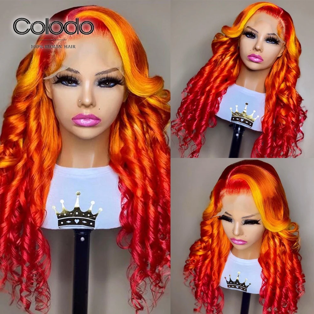 

COLODO Highlight Yellow Color 13x4 Lace Front Wig Orange Brazilian Remy Human Hair Glueless Wigs Wave Wiith Baby Hair PrePlucked