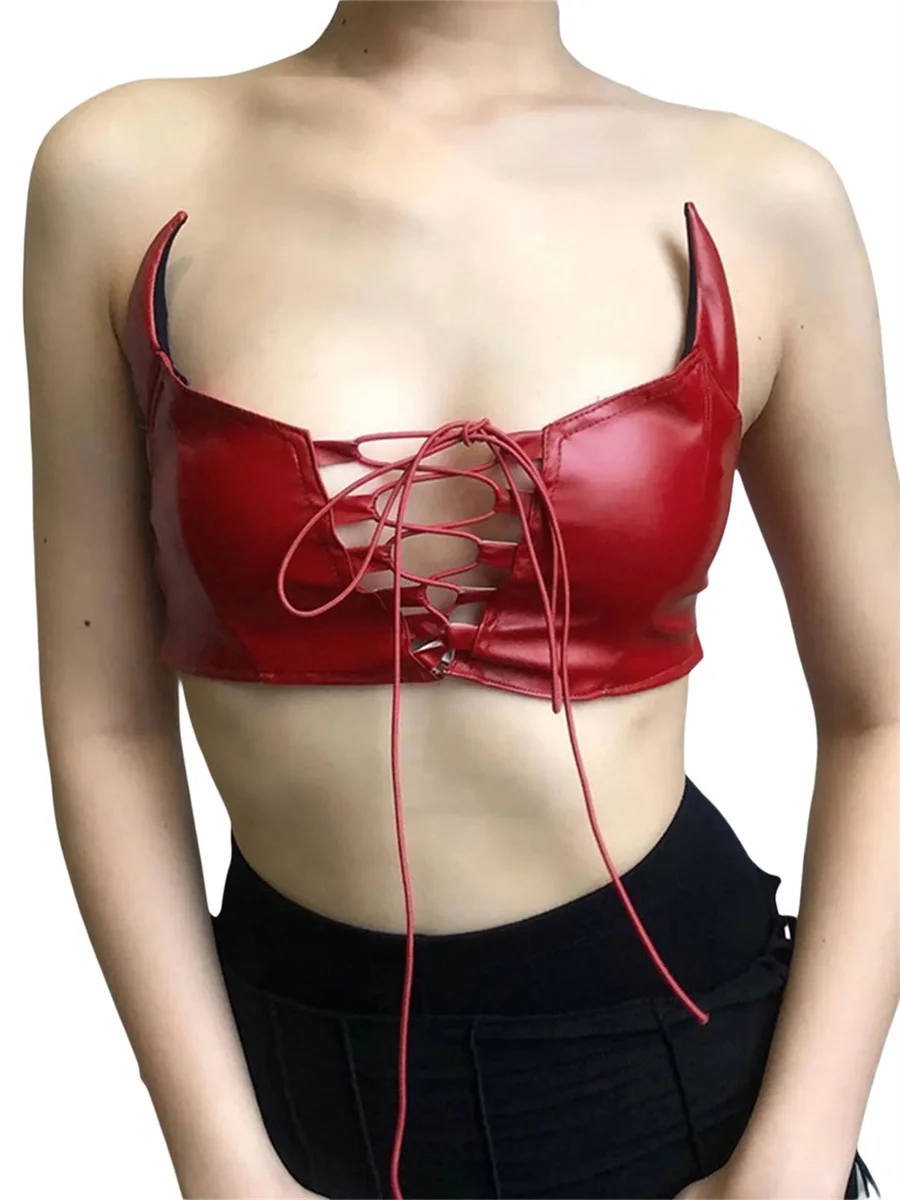 

Women s Sexy Leather Corset Crop Tops Strapless Backless Tie Up Devil s Horn Shape Clubwear Night Out Tops
