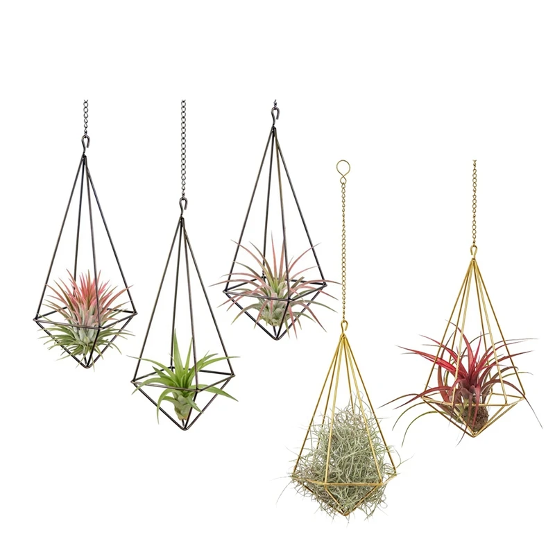 

5 Pcs Hanging Air Plant Holder Modern Geometric Planter With Chain Bronze & Gold