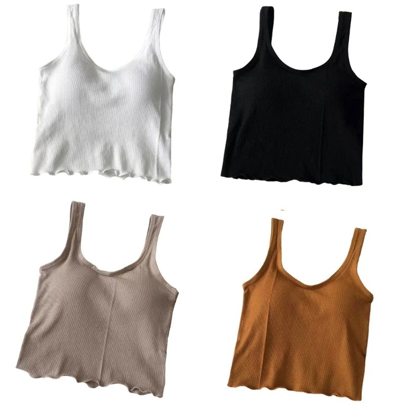 

Women Wide Strap Basic Crop for Tank Top with Shelf Bra Ribbed Knit V-Neck Solid Color Slim Vest Lettuce Hem Sports Cami