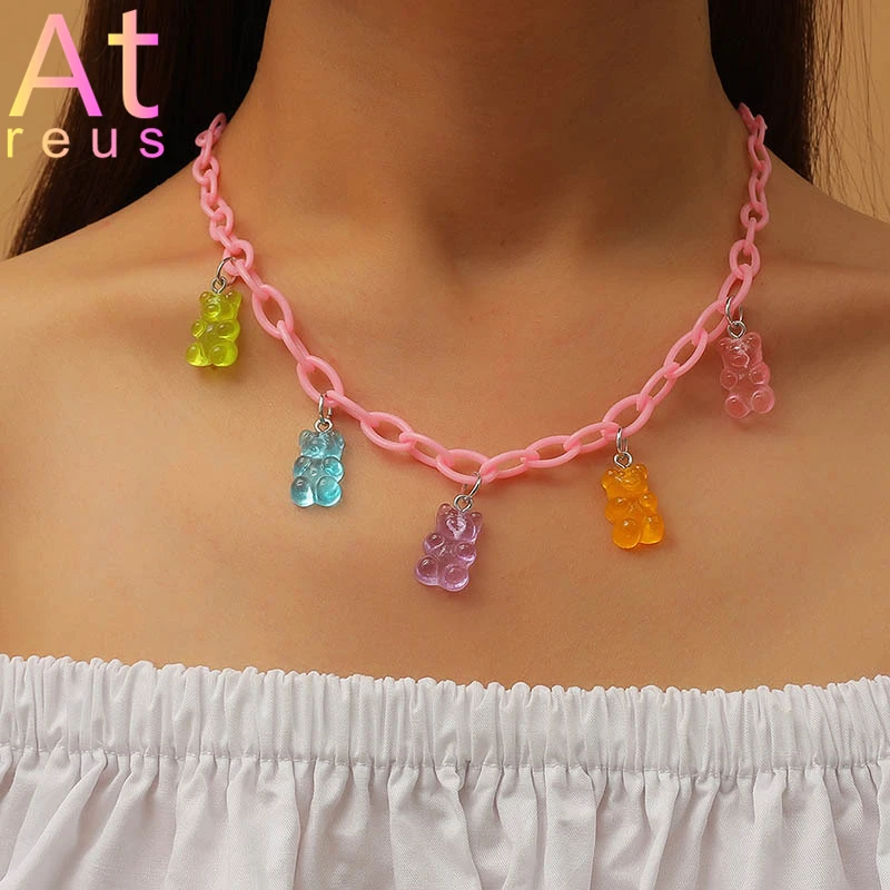 Pink Plastic Resin Chain New Colorful Cartoon Gummy Mini Bear Resin Necklace Candy Color Pendant For Women Girl Jewelry Gift