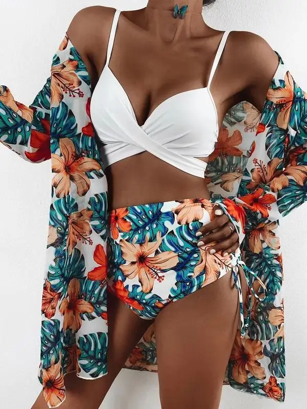 

3 Pack Floral&Tropical Push Up Underwired Bandage Women's Bikini Tied Side High Waist Swimsuit with Long Sleeve Cover Ups Kimono