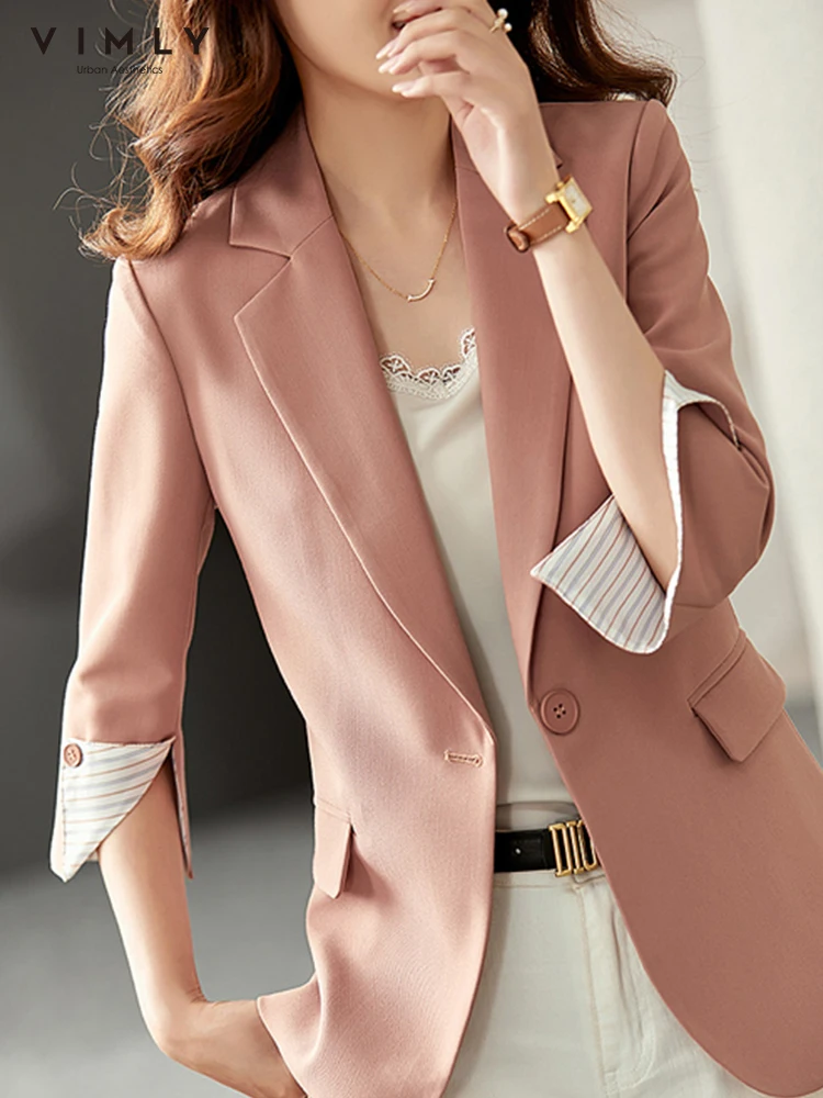 Vimly Casual Blazers for Women Suit 2023 Elegant Stylish Fashion Notched Neck Three Quarter Sleeve Pink Spring Jacket V1368