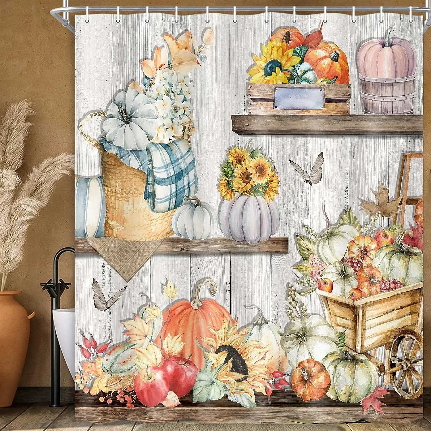 

Farmhouse Fall Shower Curtain Autumn Thanksgiving Harvest Pumpkin On Rustic Wooden Board Fabric Retro Country Bathroom Decor