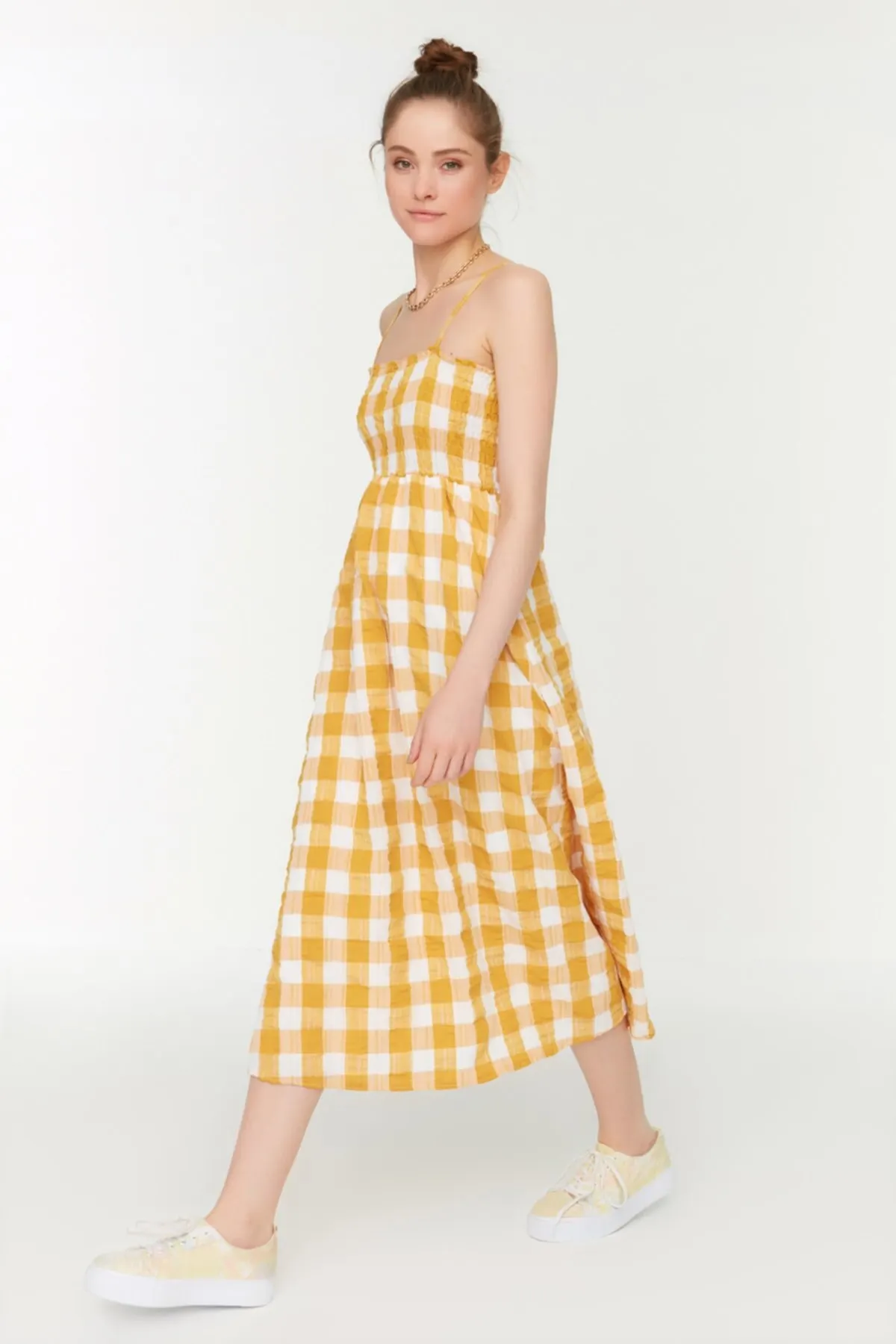 

Women's Dress Yellow Checked Strap Elegant Fashion Casual Casual Casual Short Sleeve Summer Boho Beach Dress