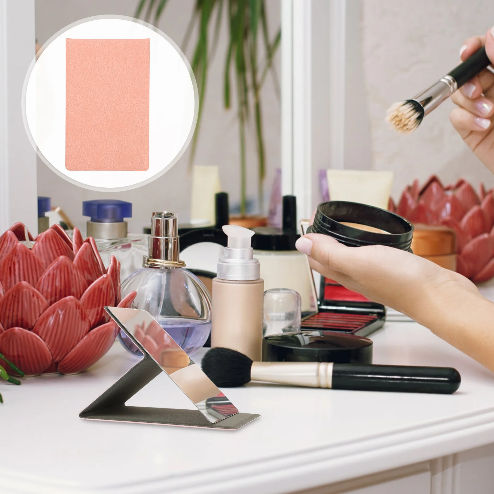 

1 Set Folding Makeup Mirror Stainless Steel PU Cover Portable Pocket Mirror