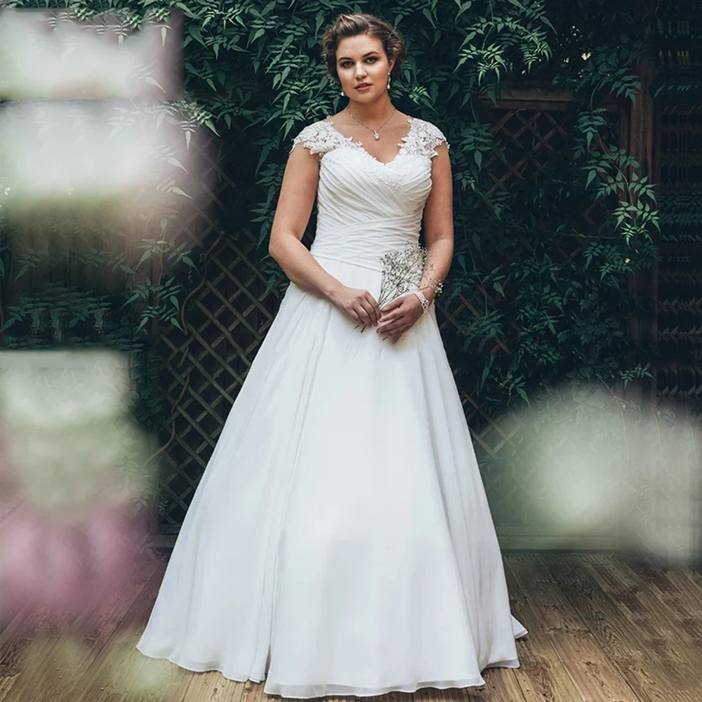 

Elegant Plus Size Wedding Dresses 2022 Chiffon Pleats Elegant Vestido de Novia Custom Made V-neck Cap Sleeves Bridal Dress