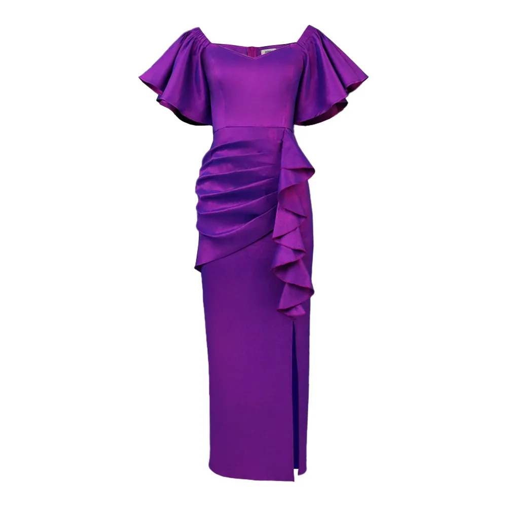 Plus Size Dresses Solid Square Neck Dress Mid-Calf Tierred Ruffle One Step Dress Party Dresses Evening Dresses Flare Sleeve