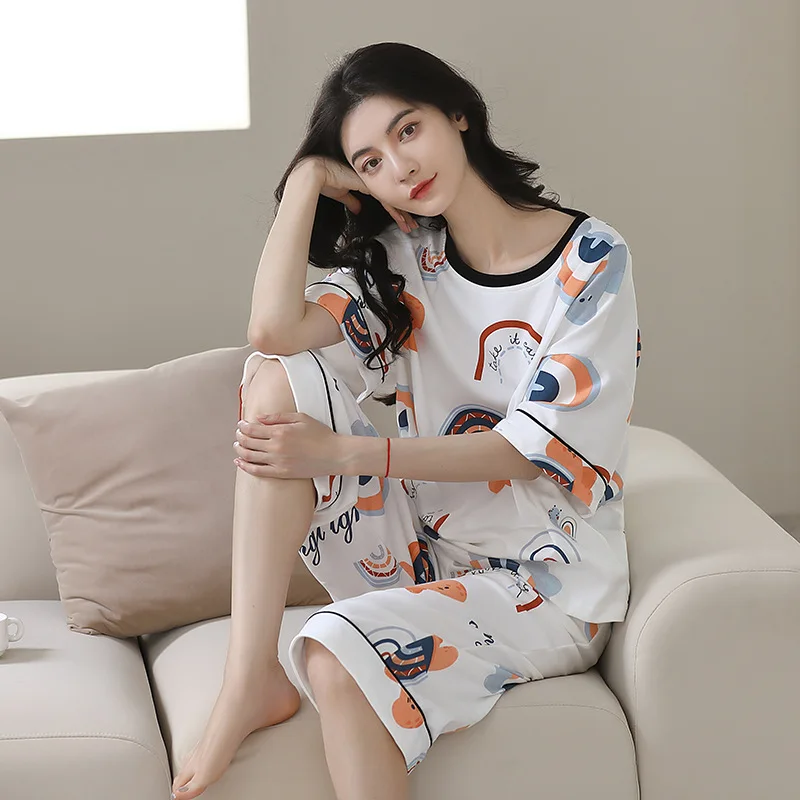 M-5XL Cartoon Cute Women Pajamas Summer Cotton Short-Sleeved Cropped Pants Two-Piece Set New Large Size Nightwear Home Clothes
