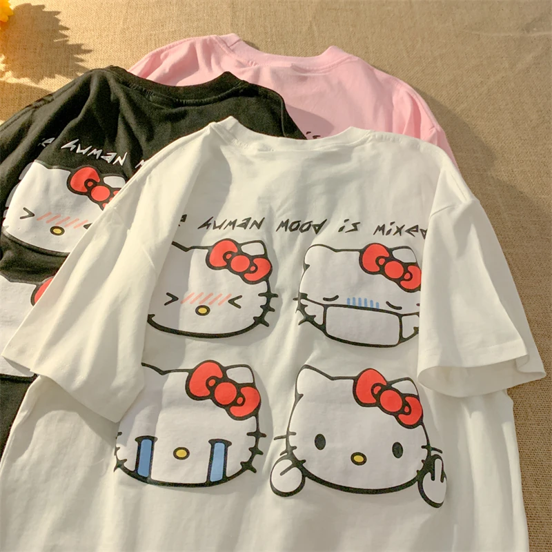 Kawaii Hello Kitty Harajuku Ullzang футболка Женская милая аниме Y2K уличная одежда мультяшная