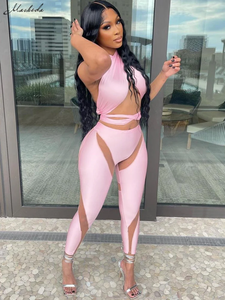 

Macheda 2022 Cross-neck barpless top with high-waisted tights women's two-piece set with hollow stitching fashion women's suit
