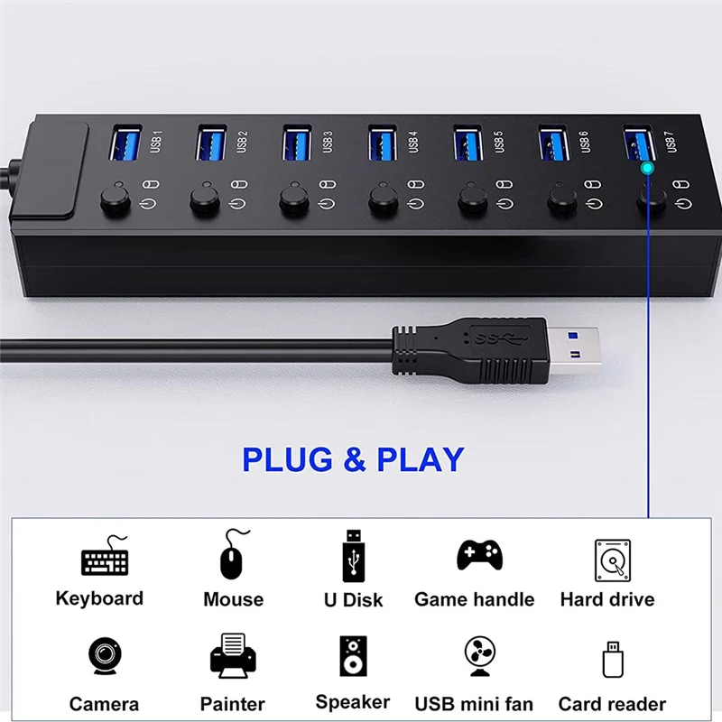 Фото USB-концентратор 3,0, USB-разветвитель, 7-портовый USB-разветвитель для ноутбука с индивидуальным переключателем ВКЛ/ВЫКЛ и ярким индикатором, ультратонкий для Mac Pro №5