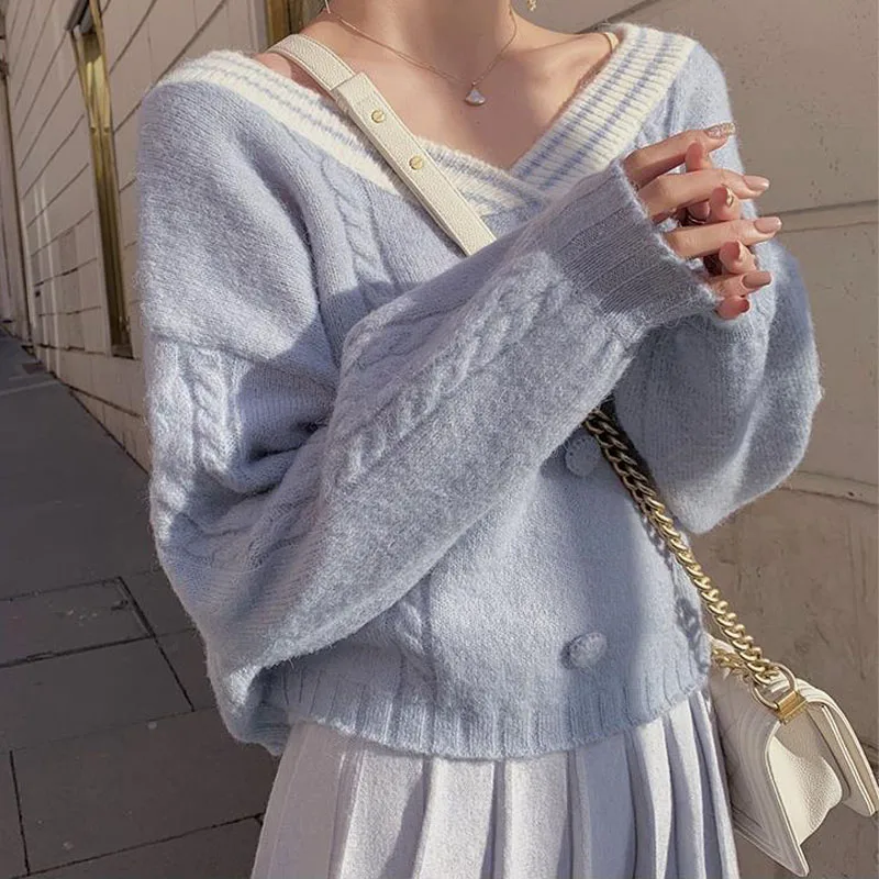 

Knitted Pullover Sweater Women Winter Sweet Kawaii Sweater V-Neck Long Sleeve Loose Korean Sweater Women's Clothing Autumn 2020