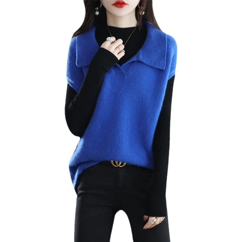 Autumn Winter Lady Vest Women Wear POLO Collar Knit Backing Loose Outwear Lazy Sweater Khaki Coat images - 6