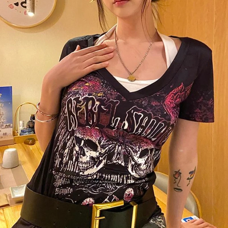 Летняя футболка с коротким рукавом в стиле панк женская графическим рисунком