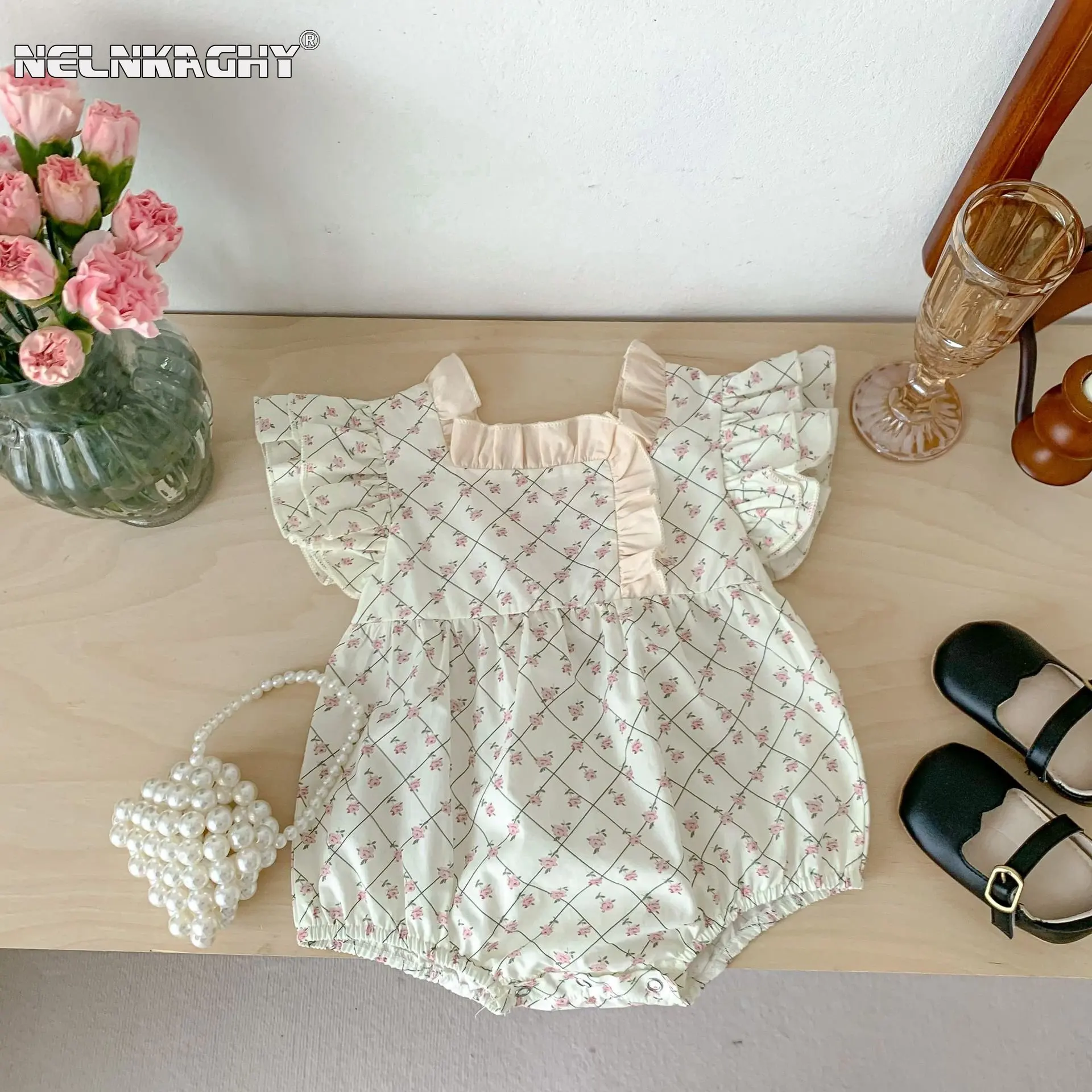 Summer Newborn Baby Girls Floral Ruched Fly Sleeve Outdoor Clothing Infant Kids Cotton Jumpsuits Toddler Cute Bodysuits 유아복