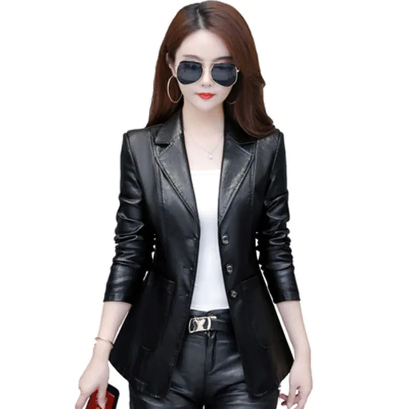 2023 New Fashion Leather Women's Coat Autumn Winter High Quality Lapel Sheep Skin Temperament Solid Color Women Leather Coat Y93