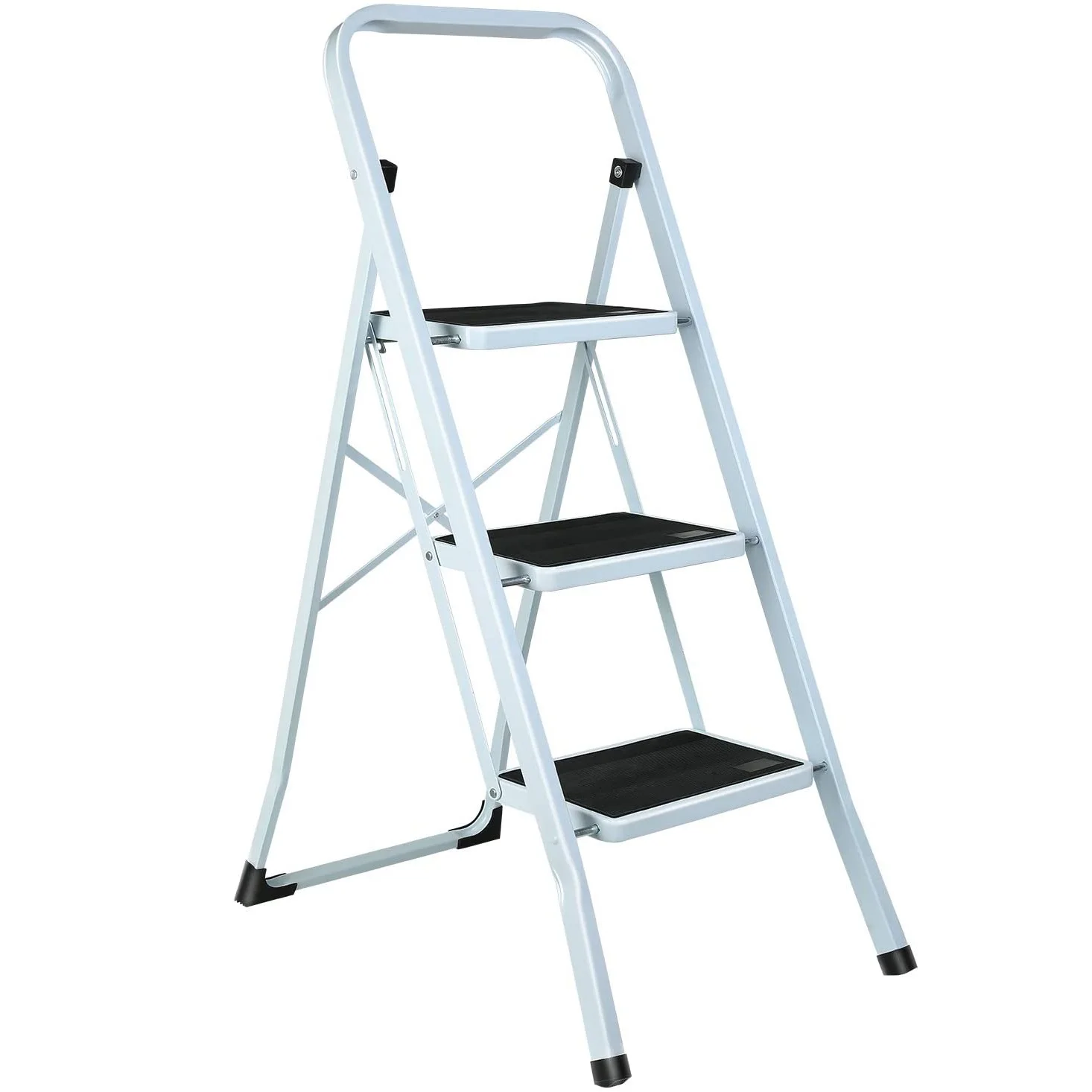 

3 Steps Folding Ladder,Steel Ladder with 20cm Wide Anti-Slip Pedal,Rubber Foot Caps,Multi-Purpose Sturdy Portable Step Ladder