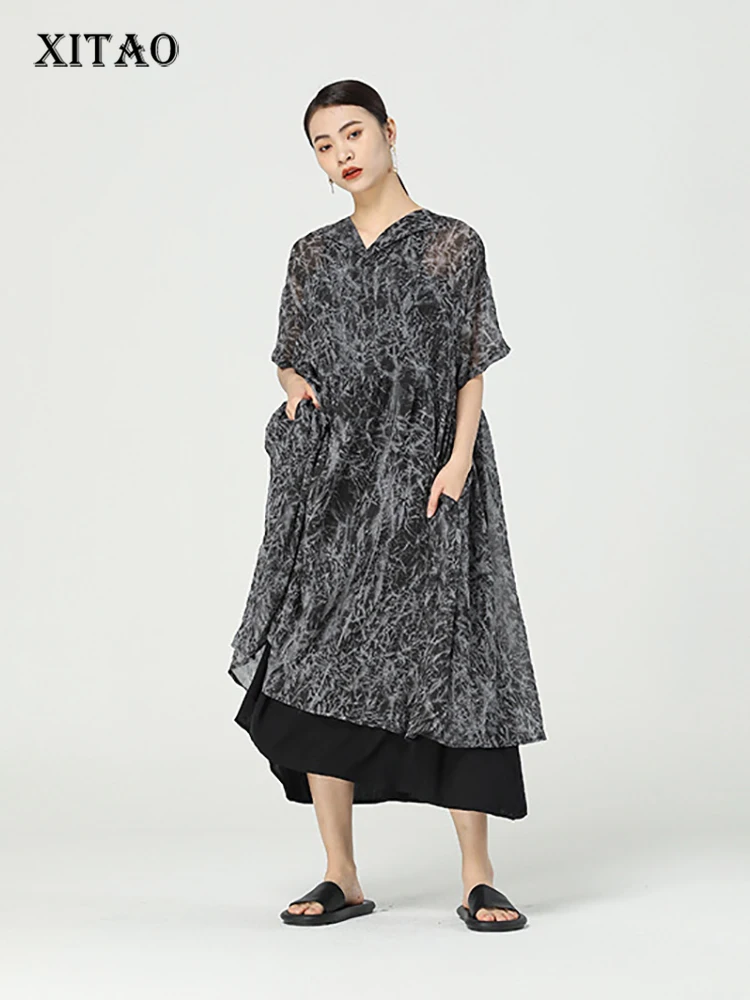 

XITAO Casual Print Dress Women Contrast Collar Splicing Pleated Hem Summer New V-neck Collar Simplicity Fake Two Pieces WMD0732