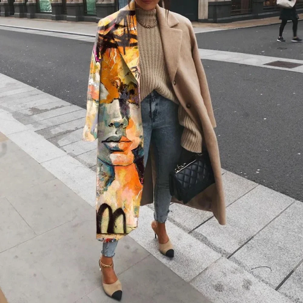 

spring and autumn women's wear color matching Plaid long sleeve Lapel coat printed woolen coat women clothes female coats